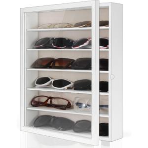TJ.MOREE Sunglasses Organizer Storage Wall Mounted: 13 x 15.6 inches Eyewear Display Case Rustic Wood Eyeglasses Holder Large Glasses Storage Box,White