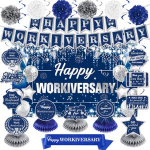 Happy Work Anniversary Decorations Blue Silver Happy Workiversary Banner Honeycomb Centerpieces Hanging Swirls Tissue Paper Pompoms Sash for Office Employee Worker Anniversary Appreciation Supplies