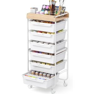SYKIARIOL Rolling Cart with 6 Drawers,Utility Storage Cart with Drawers,Art Craft Organizers and Storage,Makeup Organizer with Wooden Tabletop,White