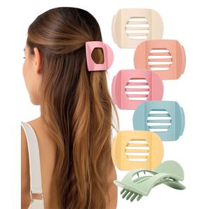 AWAYTR 6Pcs Flat Hair Clips for Women Strong Grip Curved Claw Clip for Thin Hair Non-slip Plastic Hair Barrettes (Red Bean Paste+Pink+Green+Yellow+Blue+Off-White)