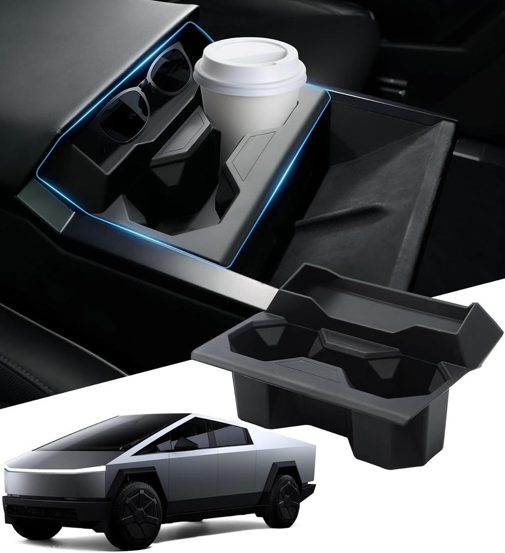 KATORN Cup Holder Insert for Tesla Cybertruck 2026 2025 2024, Center Console Car Cup Holder with Sunglasses Storage Compartment, Interior Accessories for Tesla Cybertruck 2024-2026, Black
