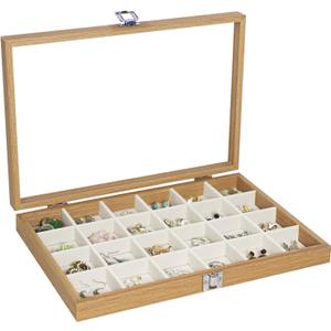 Stratalife Jewelry Organizer Wooden Jewelry Box Jewelry Display Case Jewelry Tray with Glass Lid Earring Holder Organizer Bracelet Ring Organizer 24 Grid Jewelry Tray Vintage Gift for Women