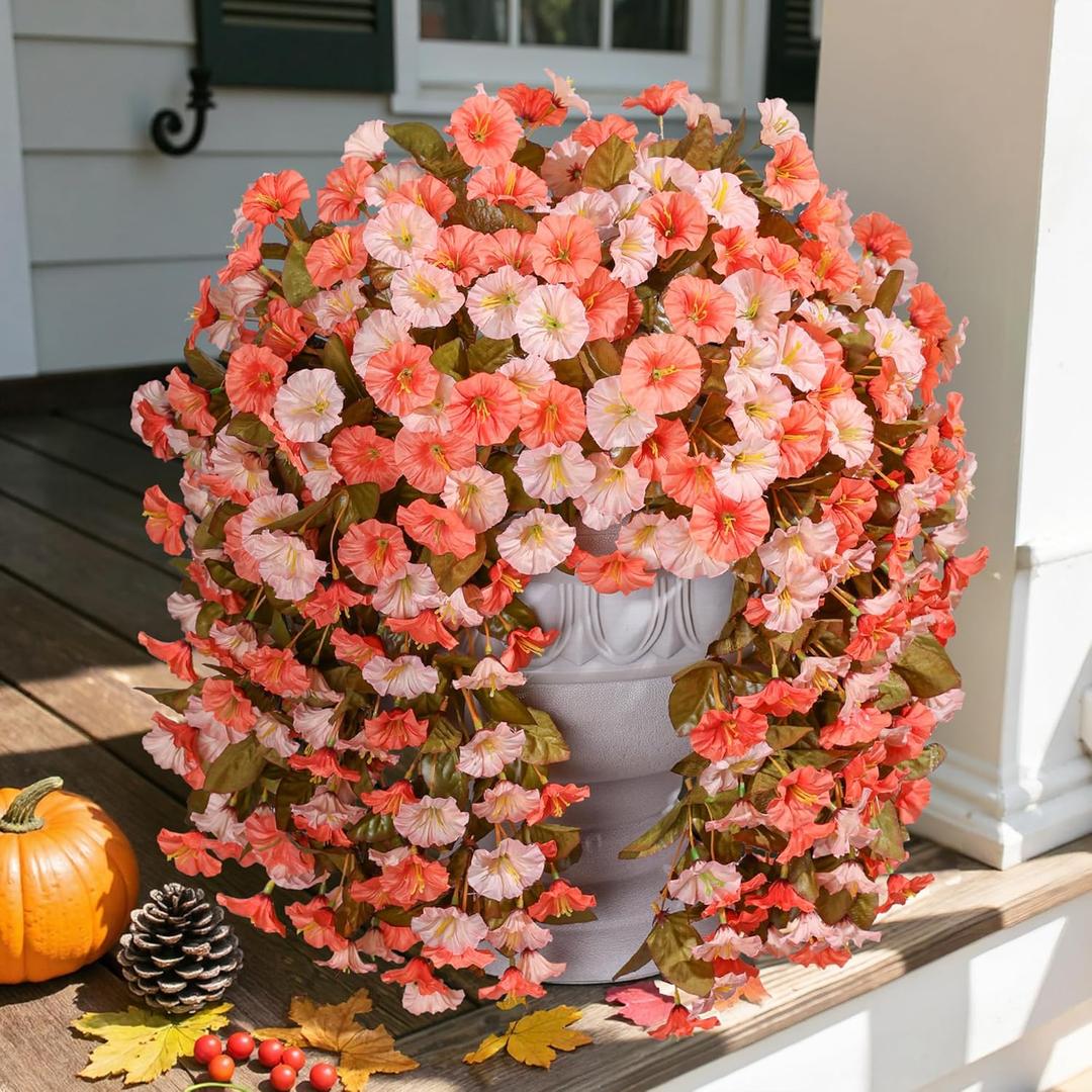 Artificial Fake Fall Mums Hanging Flowers Plants for Outdoor Decoration, 2 PCS Faux Silk Morning Glory Trailing Vines UV Resistant for Wall Home Porch Patio Party Decor (Fall Orange and Light Orange)