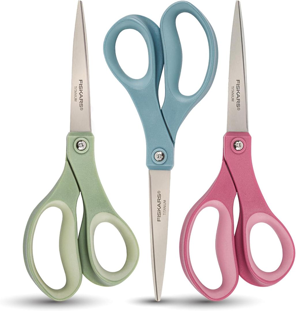 Fiskars 8 Comfort Grip Titanium Multipurpose Scissors with Ergonomic Handles for Everyday Cutting Tasks, Sharp Scissors for Home, Office, Crafts, Multicolor 3-Pack
