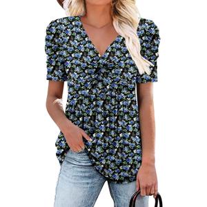 ONLYSHE Women's Summer Floral Shirts Ladies Casual V Neck Tunic Tops Henly Puff Sleeve Blouse for Leggings (XXL)