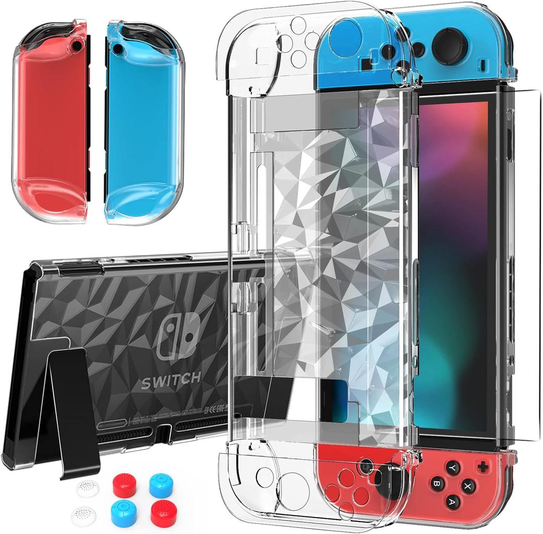 HEYSTOP Case Compatible with Nintendo Switch with Protective Film, Transparent Case for Nintendo Switch with Switch Protective Film and Grip Cover, Shock Absorption and AntiScratch