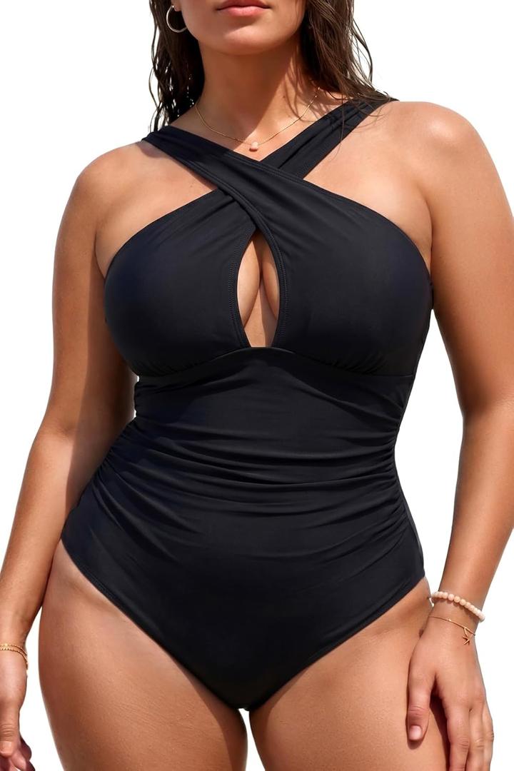 Daci Womens Front Cross Plus Size One Piece Swimsuits Tummy Control Keyhole Bathing Suits Swimwear (Black, XXL)