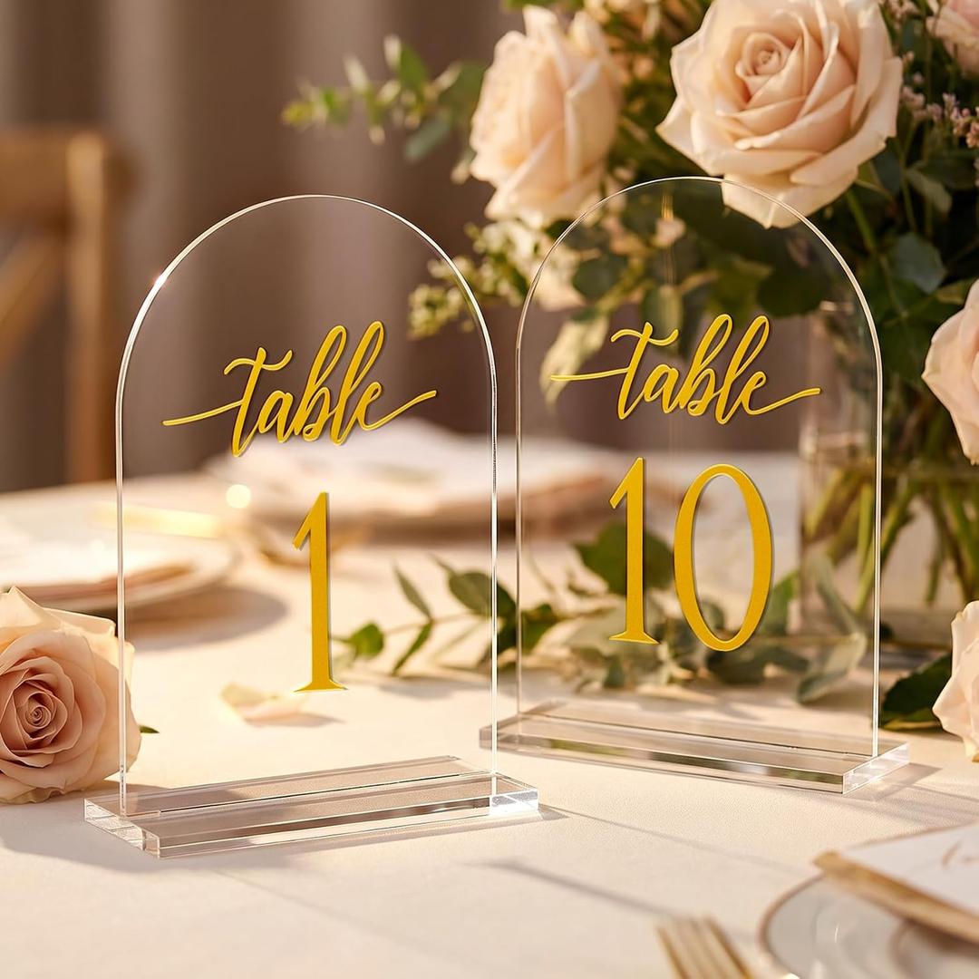 Acrylic Wedding Table Numbers 1-10 for Rustic Wedding & Reception Decor, 5.5"x7" Clear Acrylic Signs with Gold Numbers, Sturdy Stands for Anniversary/Bridal Shower/Birthday Party