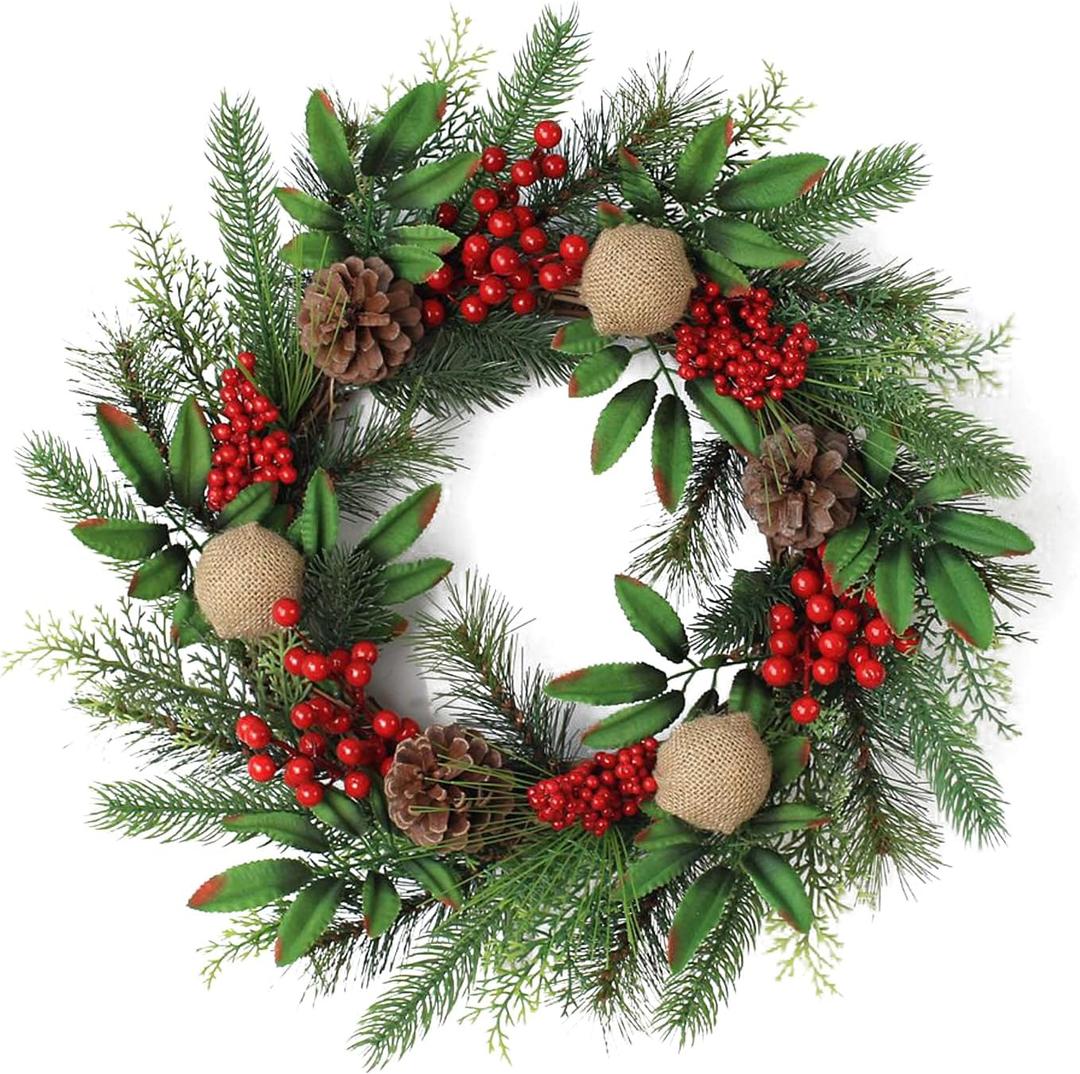 Christmas Wreath for Front Door,20 Inch Christmas Wreath Decorations with Wintry Pine, Decorated with Pine Cones, Berry Clusters, Frosted Branches for for Home Wall Window Porch Indoor Outdoor Decor