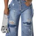 ksotutm Denim Jumpsuit for Women Strapless Multi Pockets Wide Leg Loose Baggy Jean Romper Cargo Overalls (Medium, Blue)