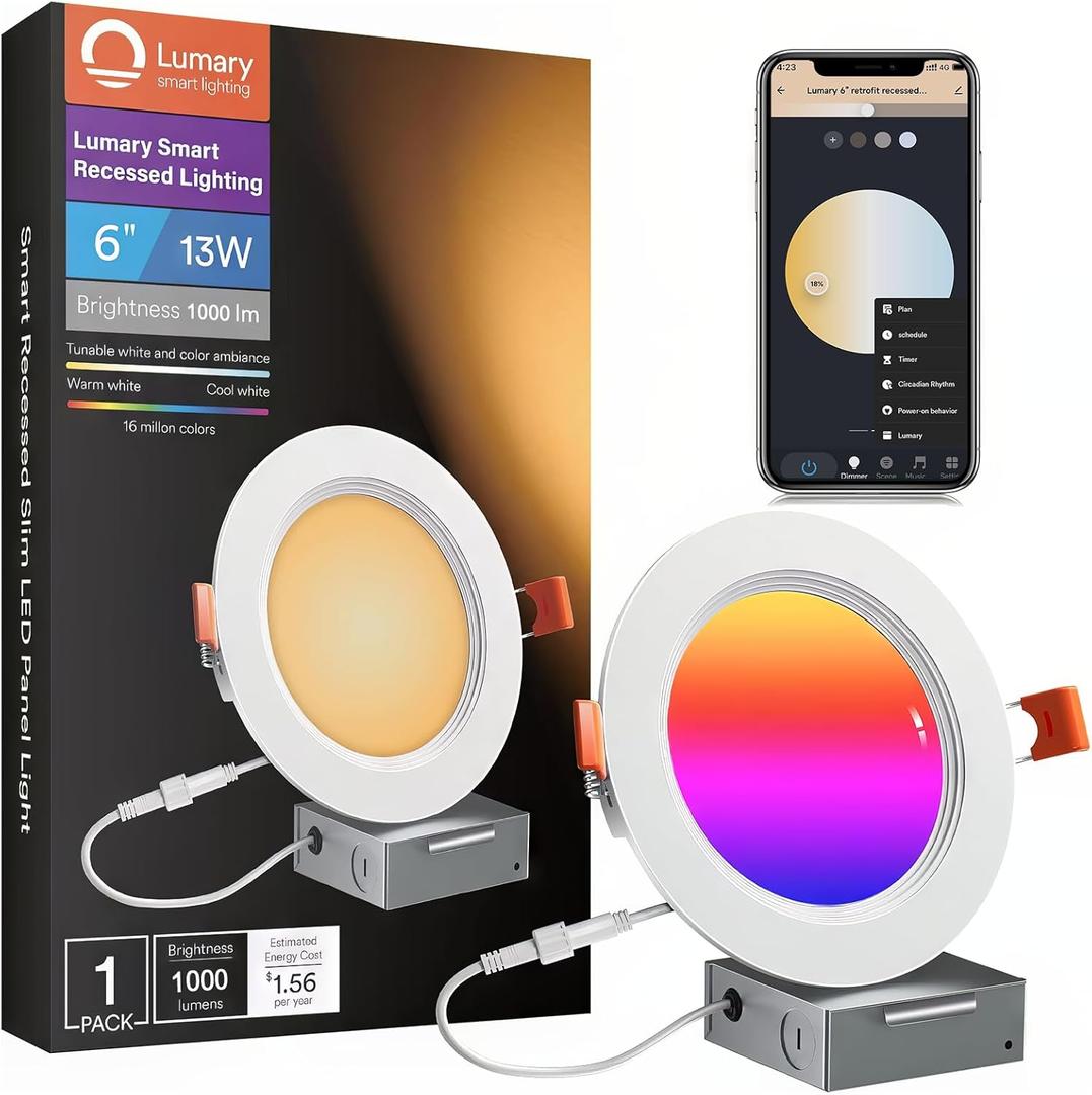 Lumary 6 Inch Smart WiFi Recessed Lighting, RGBWW Canless LED Wafer Downlight, 13W 1000Lm Color Changing, Ultra-Thin w/Anti-Glare Baffle, Work with Alexa/Google/Remote(Sold Separately), 1PC