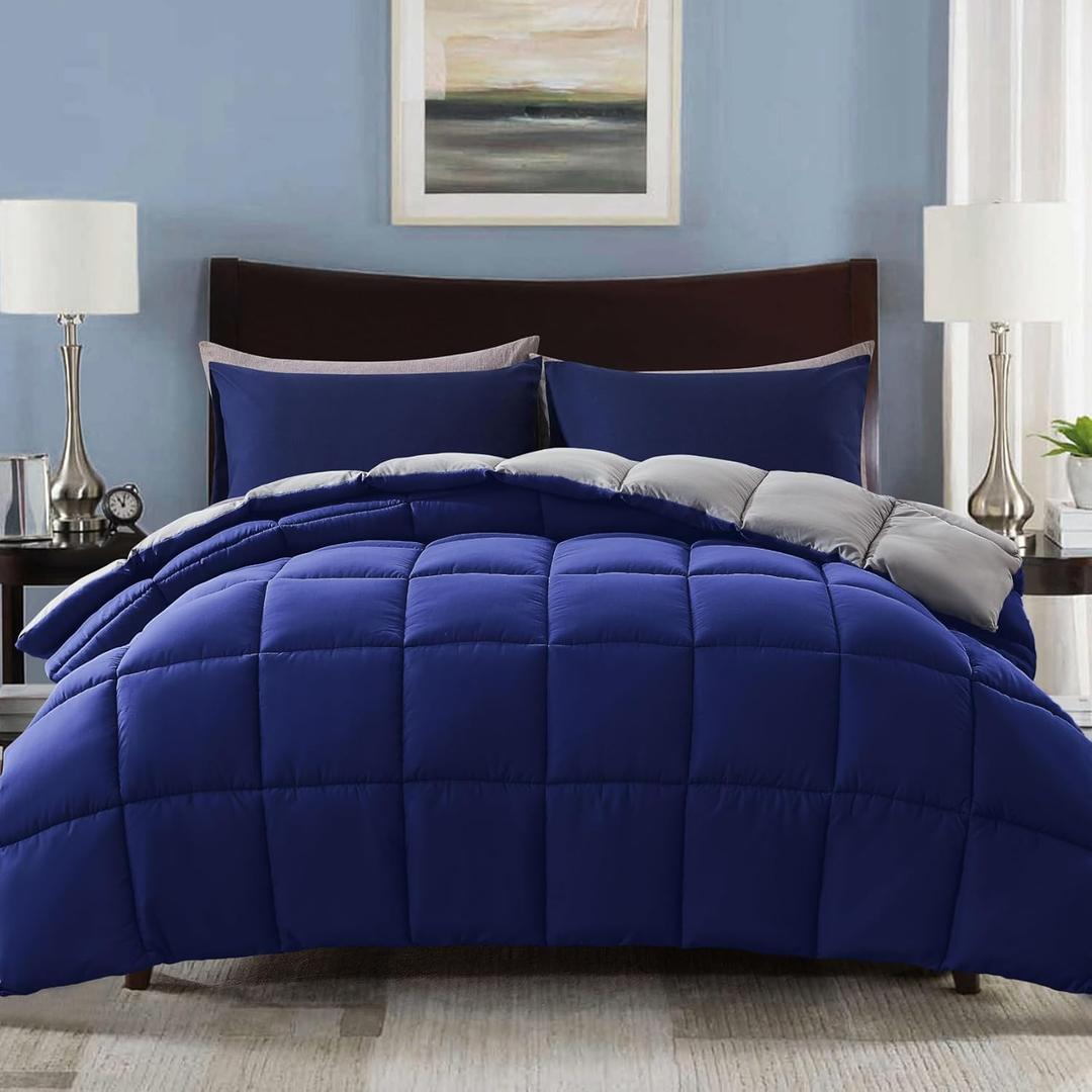Decroom Lightweight Full Comforter Set with 2 Pillow Sham - 3 Pieces Set - Quilted Down Alternative Comforter/Duvet Insert for All Season - Blue/Grey - Full Size