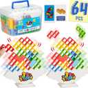 WOWNOVA 64PCS Deluxe Tetra Tower Game for Family Game Night, Balance Stacking Blocks Tower Board Game for Fun Party Games, Stacking Game for Kids & Adults, with Prize Wheel&Cute Clear Storage Box, 12.5 cm x 19.5 cm x 11.7 cm