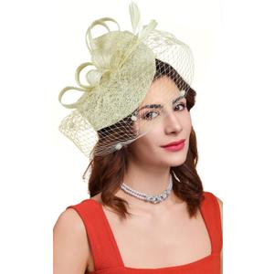 Cizoe Tea Party Fascinator Hats for Womens 50s Headwear with Veil Flower Cocktail Wedding Church Derby Hat (05-champagne/Silver/Sinamay)