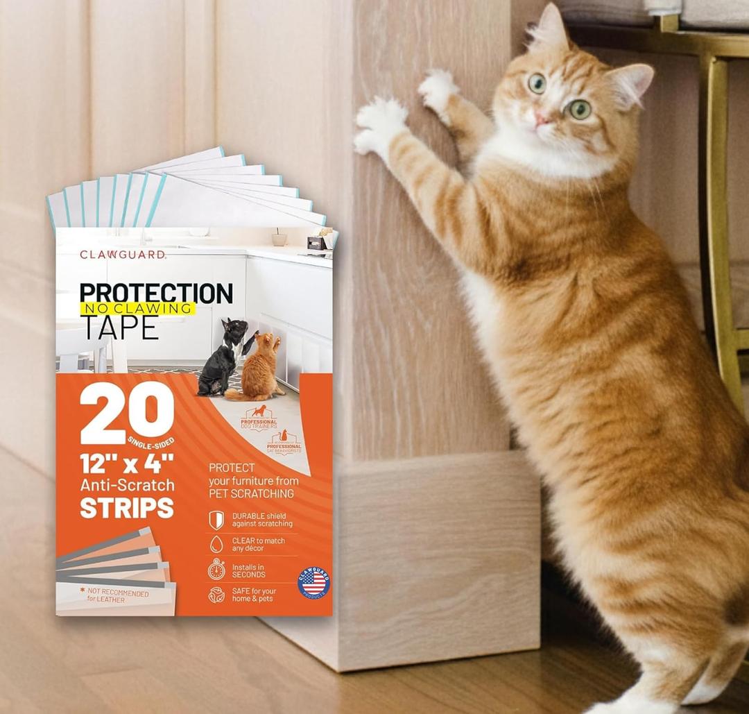 CLAWGUARD Protection Tape Strips 20 Pre-Cut 12x4 in Scratch Barriers Door Scratch Protector Dog & Cat Couch Protector from Cat Claws