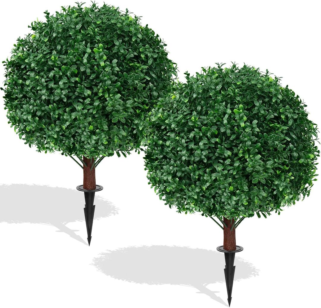 Artificial Boxwood Topiary Ball Trees,2 Set of 16'' UV Resistant Fake Evergreen Shrubs Bushes Plants with Ground Spike, Fake Plants for Outdoor Indoor Front Porch Garden