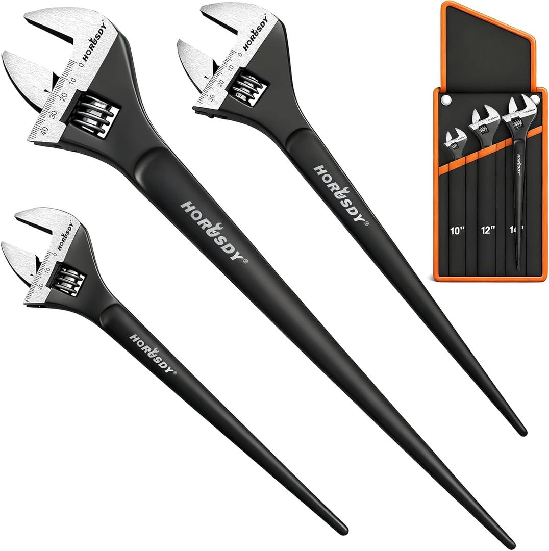 HORUSDY 3-Piece Adjustable Spud Wrench Set, 10", 12", 16", CR-V Steel, SAE & Metric Scale, Black Oxide Finish, Heavy Duty Wrenches for Construction, Mechanical Repair, DIY and Outdoor Projects