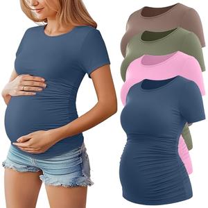 Huukeay 4 Pack Women's Maternity Shirts, Crew Neck Maternity Top Short Sleeve Casual Cotton Tee Side Ruched Pregnancy Clothes(Haze Blue, Peach Pink, Army Green, Light Coffee,Medium)