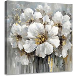 Woxfcart Living Room Flower Canvas Wall Art, White Floral Picture with Gold Decoration for Gray Bedroom Home Office Decor 24 x 24 Inch