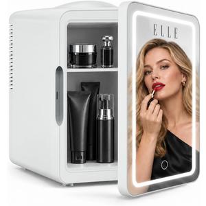 ELLE 6L Mini Cooler Fridge with LED Makeup Mirror for Skincare & Cosmetic Storage Cooler & Warmer Removable Shelf Carrying Handle AC DC Power Options Small Refrigerator for Bedroom Car Office White