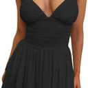 eoeoo Women's Sexy V Neck Tank Ruffle Mini Dress Sleeveless Mesh Flowy Short Dresses, Black XL