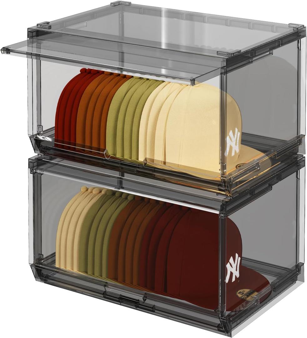 2 Pack Large Hat Organizer Box, Stackable Clear Baseball Caps Holder Box Containers with Sliding Door for Hats Snapback Cap Storage, Hat Rack Display Case, Holds 20 Hats Each -Black