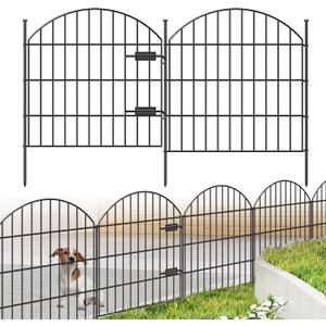 FOREHOGAR Metal Garden Fence with Gate 28in (H) x 11.7ft (L), 1 Gate + 4 Panels Rustproof Border Fence Animal Barrier for Dogs, No Dig Garden Fencing for Yard Backyard Landscape, ECG2827 Black