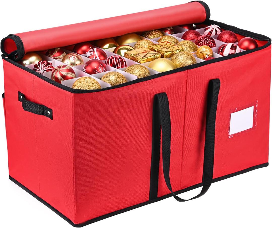 Mrrihand Christmas Ornament Storage Box, Xmas Decoration Organizer with Adjustable Dividers - Storage Container Keeps 128 Holiday Ornaments 3-Inch, Dual Zipper Closure, 600D Tear-Proof Material, 25.5"L x 12.9"W x 13.5"H, (Red)