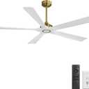 WINGBO 60 Inch Ceiling Fan without Light - 5 Carved Solid Wood Blades, 6-Speed Reversible DC Motor, Noiseless Remote Control Ceiling Fan No Light for Bedroom Living Room Kitchen, Gold and White