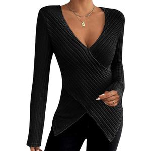 Flamingals Women's Elegant Casual Chic Deep V Neck Long Sleeve Stretchy Rib Knit Asymmetrical Wrap Slim Fit T Shirt (X-Large, Black)