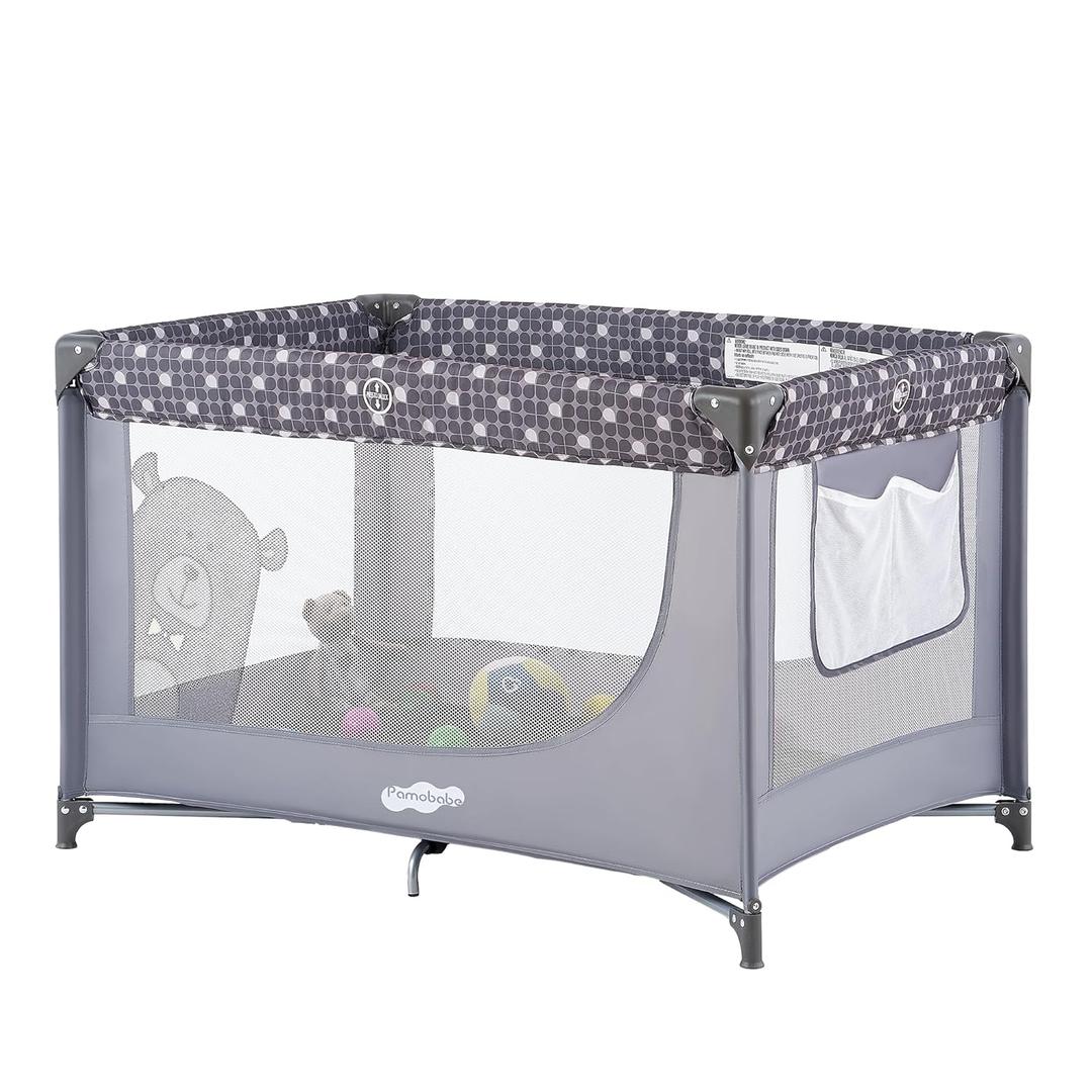 Pamo Babe Portable Crib Baby Playpen with Mattress and Carry Bag Grey