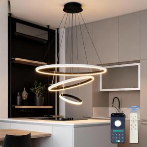 Black 3-Ring LED Pendant Light, Dimmable Modern Chandelier, Adjustable LED Island Lighting for Kitchen Island, Dining Room, Foyer, High Ceiling Spaces (24'')