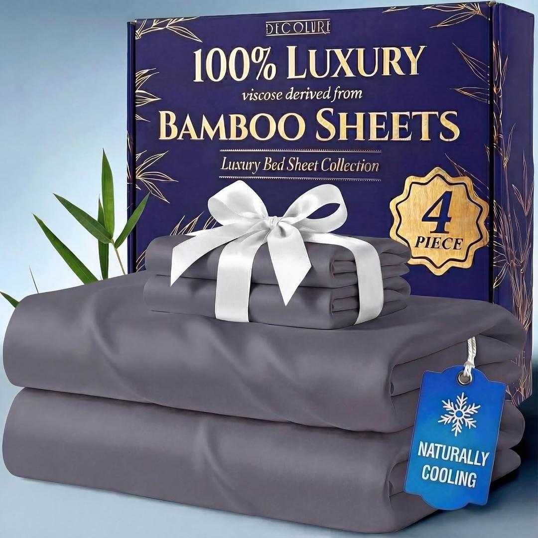 DECOLURE 100% Viscose Derived from Bamboo Sheets Queen Size - Luxury 4 Pc Naturally Cooling Sheets, Ultra Soft Bed Set - Deep 17" Pockets, Durable Double Stitching, Oeko Tex Standard (Grey)