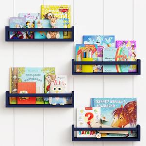 Forbena Navy Blue Floating Book Shelves for Nursery Boy, Decorative Wall Bookshelf for Kids Room, Small Wood Floating Shelves Wall Mounted for Boys Bedroom Bathroom (Set of 4, Blue) (16.5 Inch)