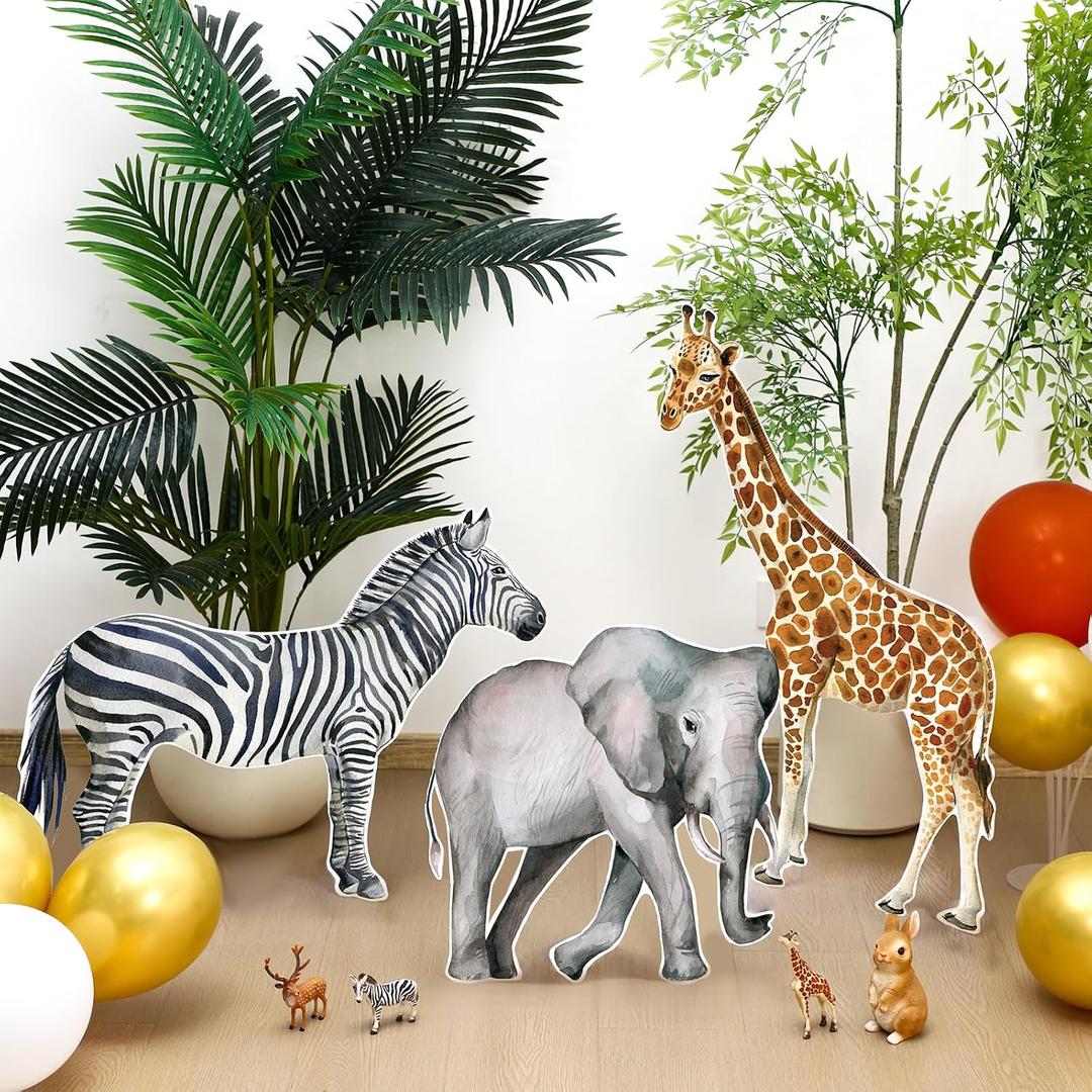 Amyhill 3 Pcs Jungle Safari Animal Cardboard Cutout Standup Life Size Safari Birthday Party Decorations Elephant Giraffe Zebra Cardboard Cutouts for Baby Shower Birthday Party Photo Backdrop Favors