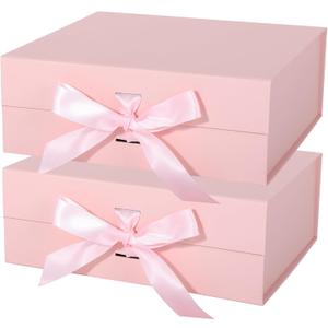 Pink Gift Box with Ribbon Magnetic Lids 10.2x9x3.74 in, Christmas Gift Boxes Bridesmaid Groomsman Proposal Boxes, Wedding Storage Box 2 Pack