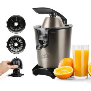 BLACK+DECKER BXCJ350E - Electric Citrus Press Professional Lever 350 W, Stainless Steel, AC Motor, 650 ml, 2 Cones for All Citrus, Stainless Steel Filter and Pulp Regulator Filter