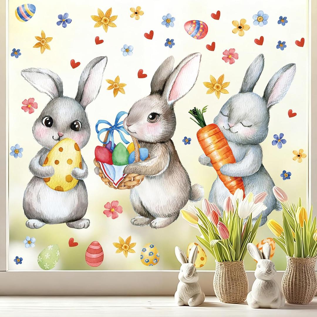 3 Sheets Large Easter Window Clings, Cute Bunny Window Stickers for Glass Windows, Cute Easter Egg Flower Carrot Self-Adhesive Decals, Double Sided Reusable Window Decorations, Spring Party Decor