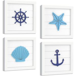 Fangoo 4Pcs 3D Nautical Wall Decor Anchor Ship Wheel Seashell Starfish Rustic Beach Theme Home Decor Coastal Room Wall Decorations Ocean Wall Art for Bathroom Bedroom House Nautical Gifts