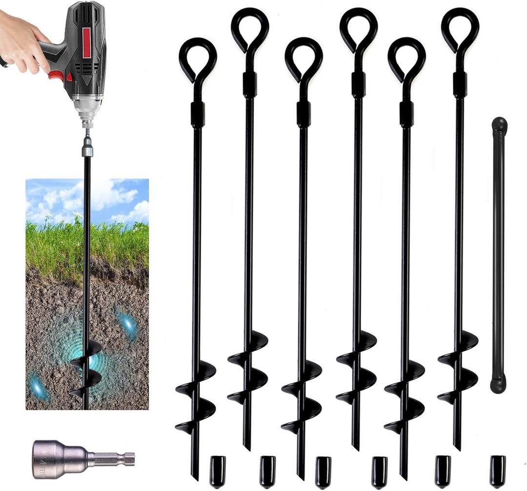MIXXIDEA18 Inch Ground Anchors Screw in Folding Ring Spiral Metal Ground Stakes Dog Tie Out Stake Spiraling Anchor Trampoline Anchors for Tent (black-6pk) (18in-6pk)