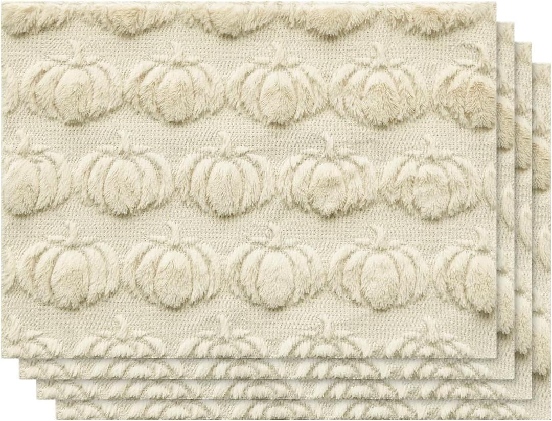 Artoid Mode Beige Pumpkin Fall Placemats, 12x18 Inch Seasonal Soft Plush Faux Fur Wool Table Mats for Party Kitchen Dining Decoration Set of 4