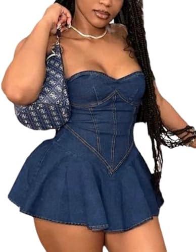 CHEZVOGUE Women's Summer Strapless Denim Mini Dress with A-Line Design and Plated Bustier Corset, Size: M/L
