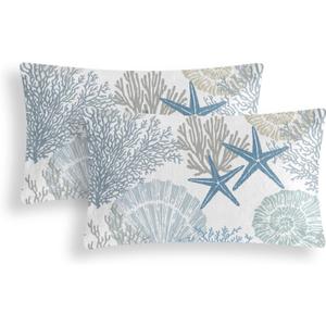 Tritard Nautical Coastal Throw Pillow Covers 12x20 Inches Set of 2 Beach Themed Ocean Seashell Coral Starfish Velvet Couch Lumbar Pillow Cover Outdoor Sofa Cushion Cover for Bedroom Living Room, Blue
