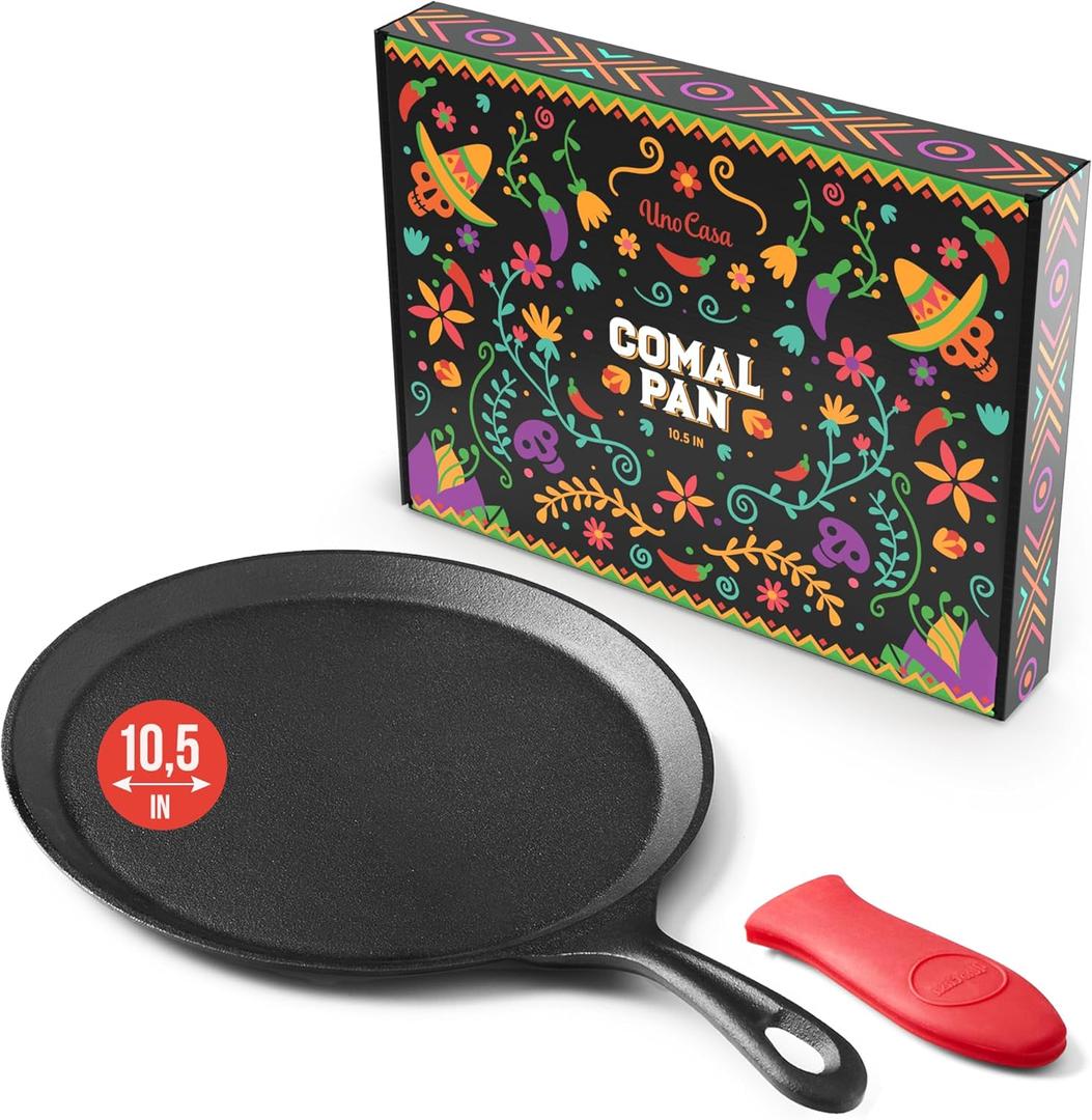 Uno Casa Cast Iron Comal Pan 10.5 Inch - Skillet for Roti/Comal Pan, Tawa/Dosa Pan Pataconera, Comales para Tortillas - Comal Para Tortillas Grande - Cast Iron Griddle