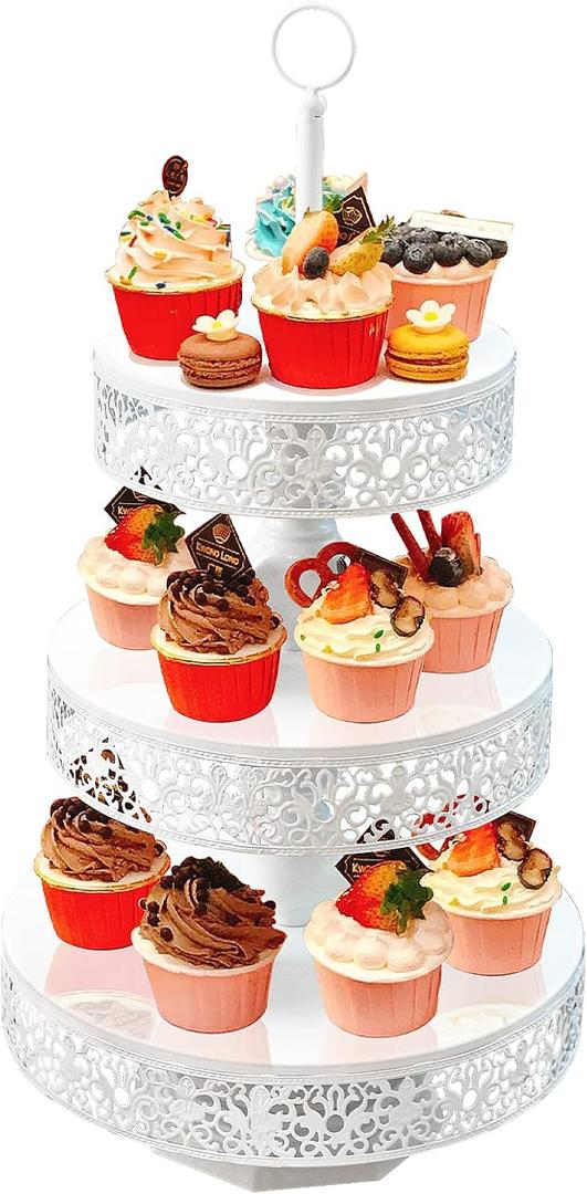White Cupcake Stand - Tiered Dessert Table Display Set 3 Tier Metal White Serving Tray Round Cake Stand Holder for Wedding Tea Party Baby Shower Birthday Christmas Decor