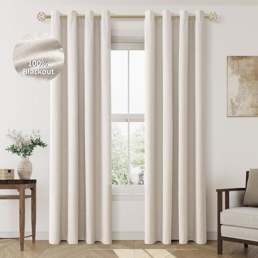 Beige Linen Blackout Curtains 84 Length 2 Panels Set for Living Room Bedroom, 100% Black Out Thermal Insulated Linen Drapes, Room Darkening Grommet Curtains 84 Inches Long