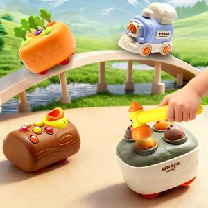Press and Go Car Toys, Kids Train Set with Whack-A-Mole, Woodpecker Worm, Carrot Harvest Game, Car Racing Trucks for Toddler Travel Toys, Baby Learning & Education Train Birthday Boy Girl Gift