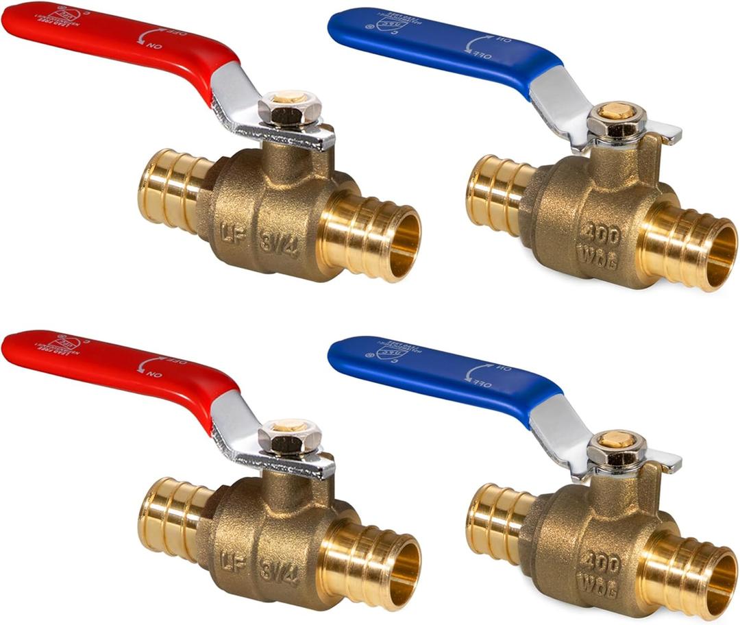 VANCOCO 3/4" PEX Ball Valve 4-Pack - Lead-Free Brass PEX Shut Off Valve (2 Red/2 Blue) for Hot/Cold Water