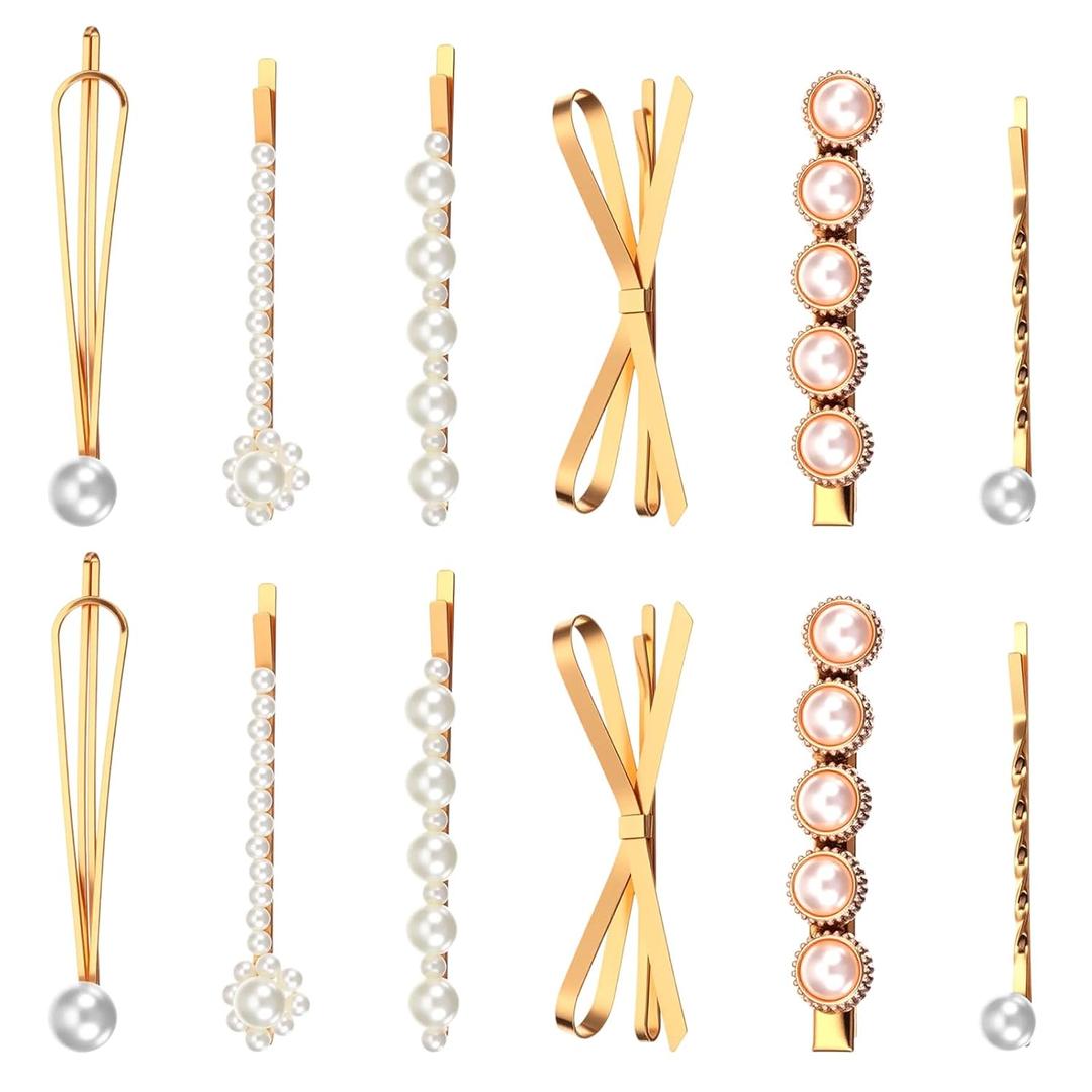 TIEOSME 12Pcs Bobby Pins for Women, Gold White Pearl Hair Pins Elegant Metal Barrettes Hair Clips for Women Wedding Bridal Party Accessories