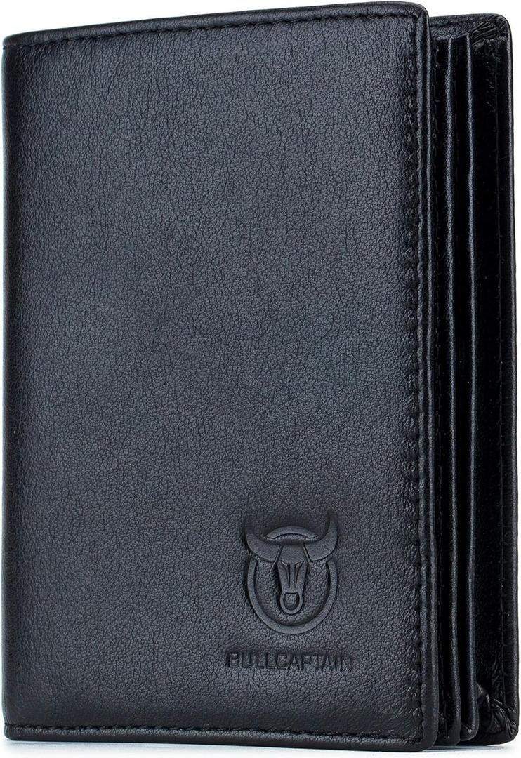 BULLCAPTAIN Genuine Leather Men Wallet RFID Blocking Bifold Wallets ID Window Credit Card Holder (Black)